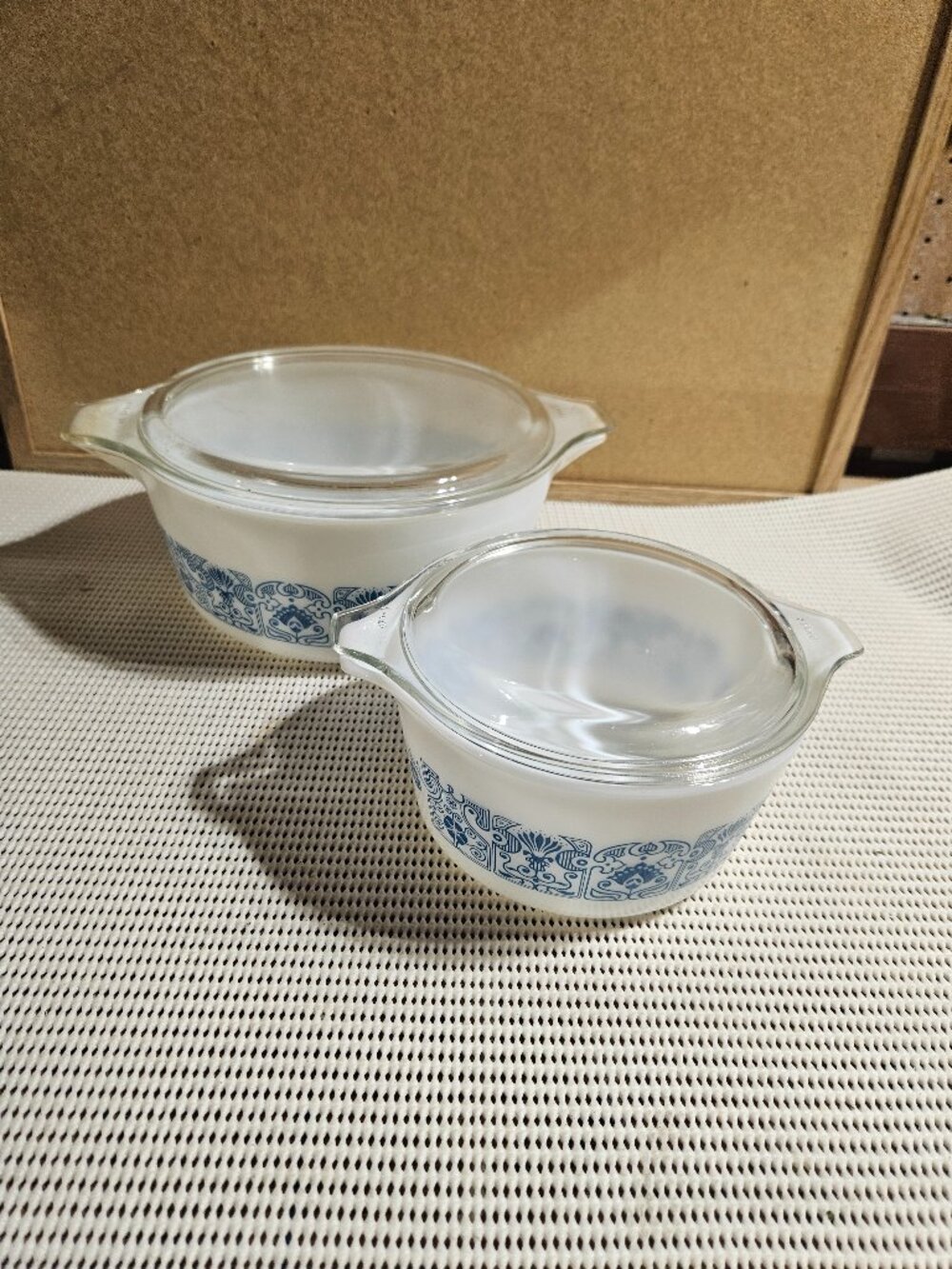 Vintage Pyrex White & Blue Casserole Dish Set of 2, four pieces